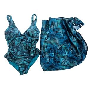 Calzedonia Cobey 73B One Piece Swimsuit Sarong Cover Up‎ Green Palm Leaf Print S